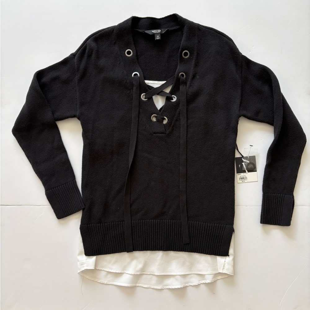 Simply Vera Black Lace-Up V-Neck Layered-Hem Sweater XS NWT